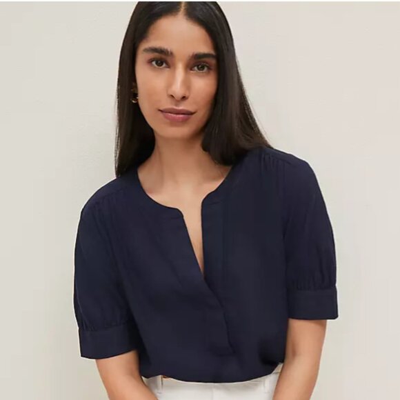 Ann Taylor Half Sleeve Linen Blend Popover Top in Night Sky Navy Blue Size XS - Picture 1 of 15